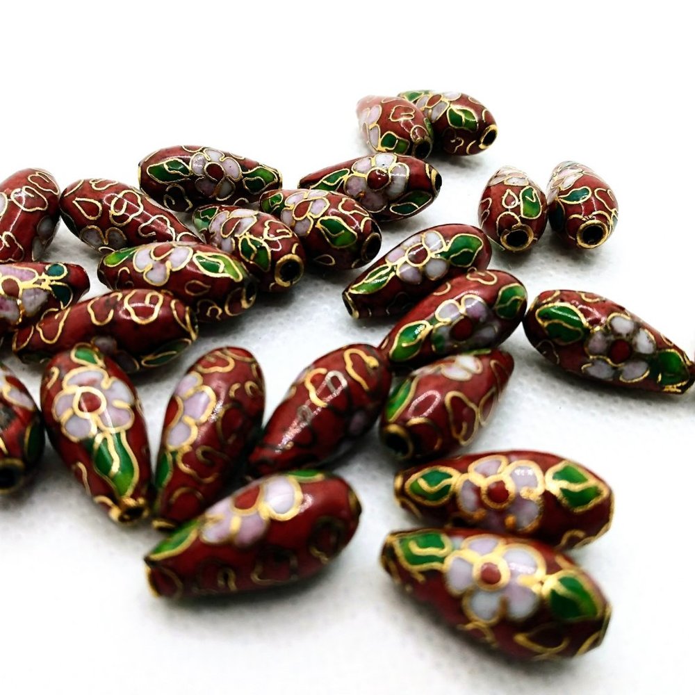 (10 pcs) Cloisonné Bead TEARDROPS RED/ MULTI 15 x 8mm / Jewelry Making Vintage